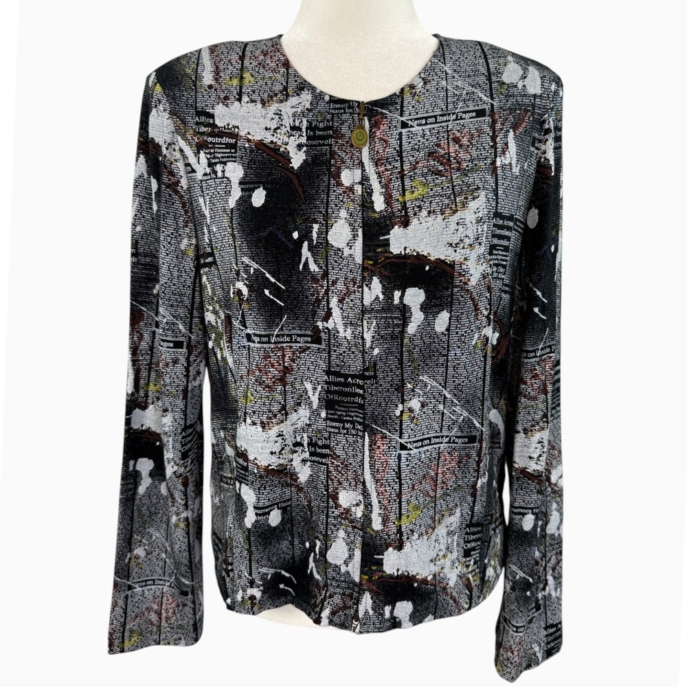 Joseph Ribkoff Size 12 Abstract Newspaper Print Zip Front Jacket Canada